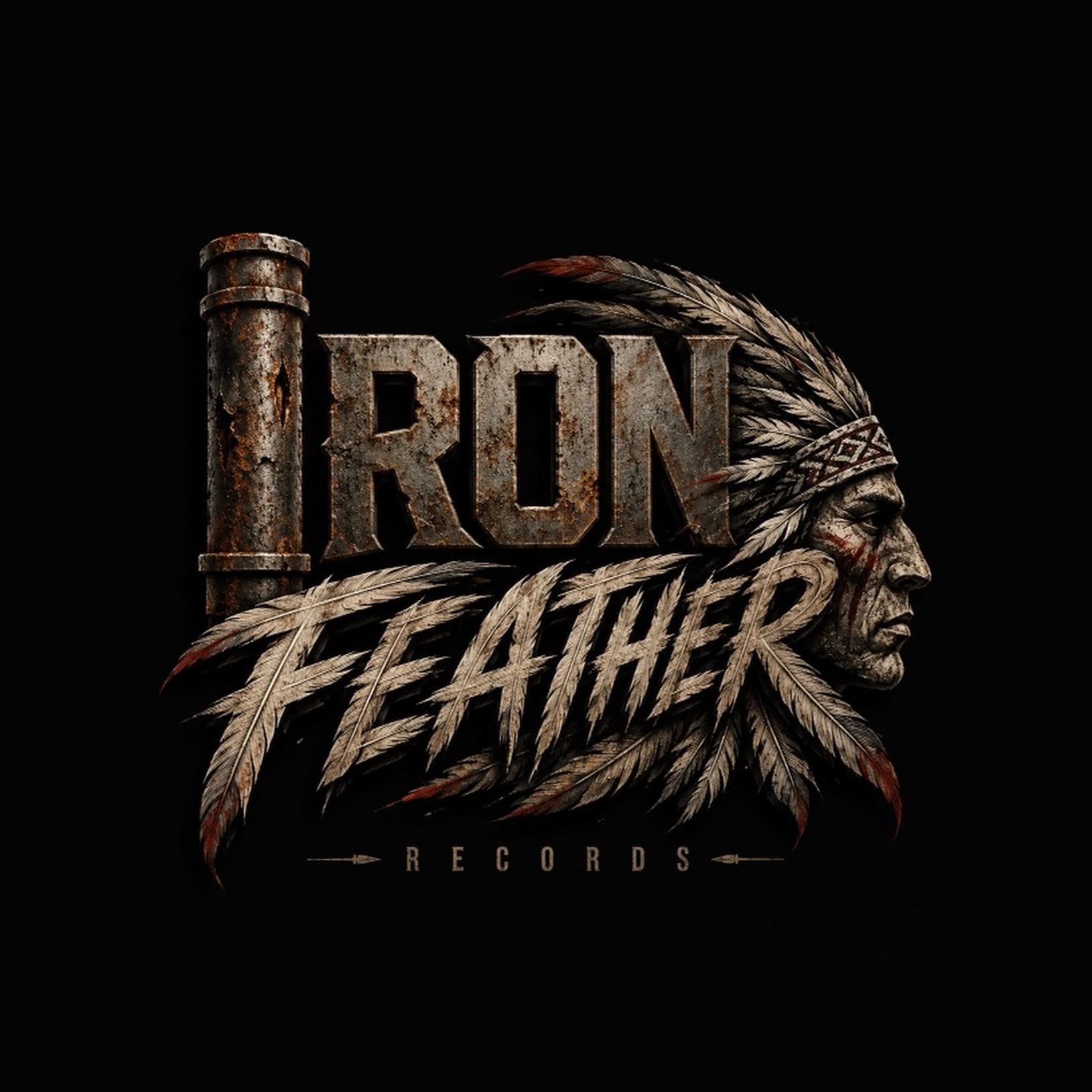 Iron Feather Records logo — distressed metallic IRON wordmark with FEATHER script and Native American chief in headdress